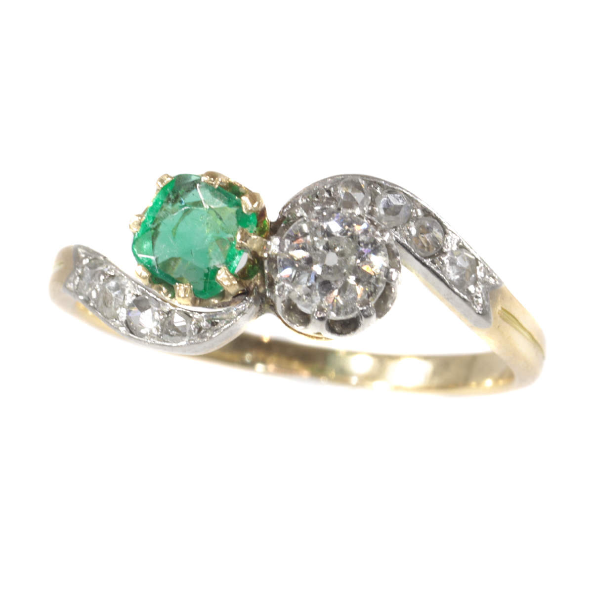 Antique Victorian style Romantic diamond and emerald toi et moi ring